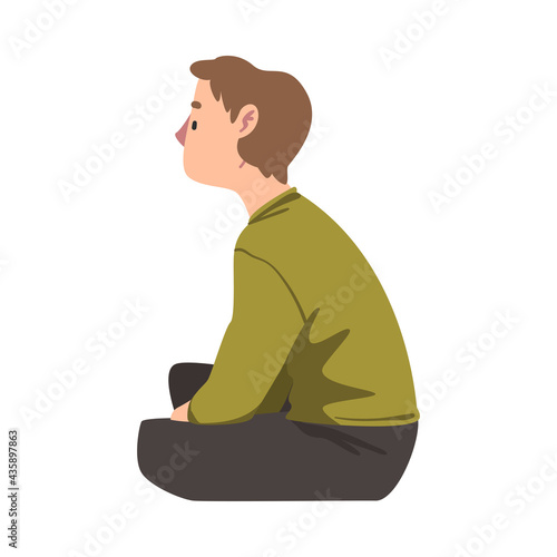 Side View of Teenage Boy Sitting on Floor Cartoon Vector Illustration