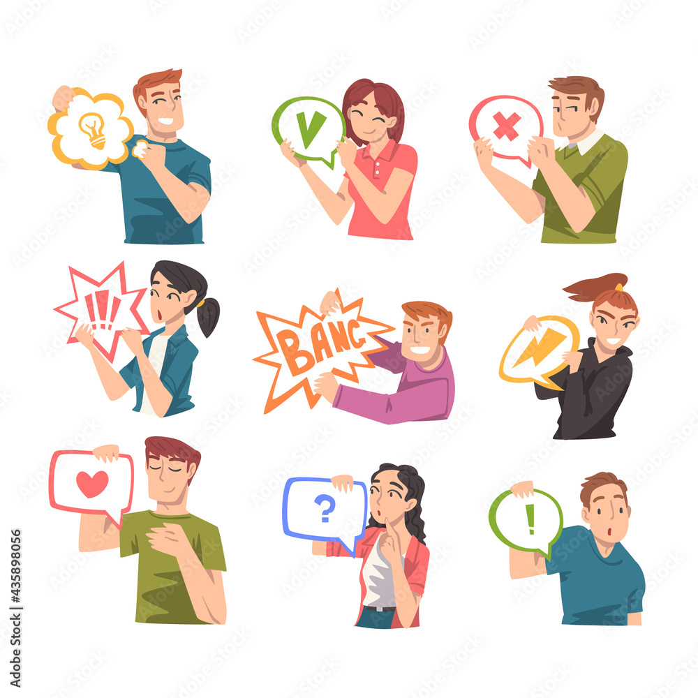 People Holding Speech Chat Bubbles in their Hands Set, People Communicating, Messaging, Chatting Cartoon Vector Illustration People Holding Speech Chat Bubbles in their Hands Set, People Communicating, Messaging, Chatting Cartoon Vector Illustration