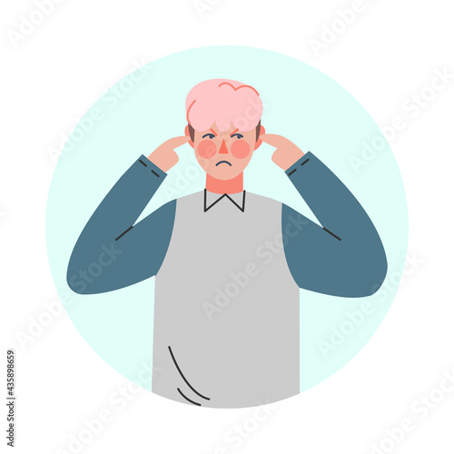 Young Man Making Negative Hand Gesture Closing His Ears in Circular Frame Vector Illustration