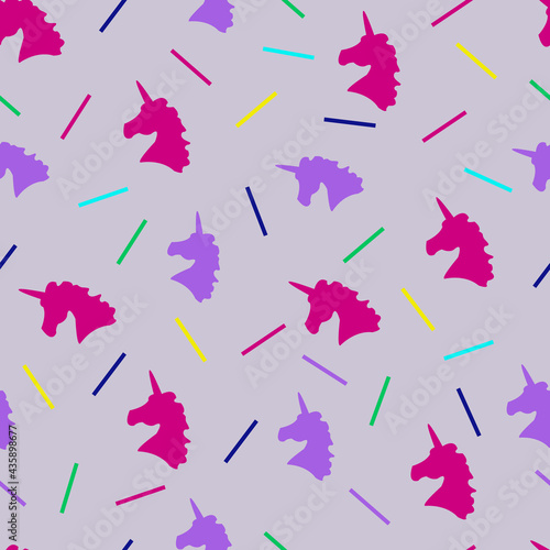 Background with unicorns and chopsticks.Pattern purple decoration for bed clothes banners.Print on fabric.Vector, illustration.