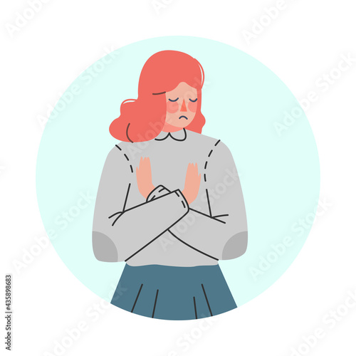 Young Woman Making Negative Hand Gesture Showing Stop Sign in Circular Frame Vector Illustration