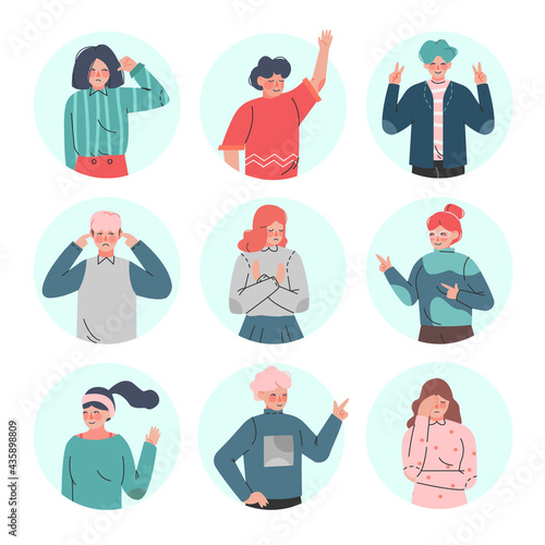 Young Man and Woman Making Positive and Negative Hand Gestures in Circular Frames Vector Illustration Set