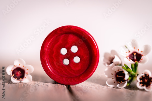 Close-up of a red sewing button on a wooden table with little cactus flowers all around. a white background behind it. copy space for text