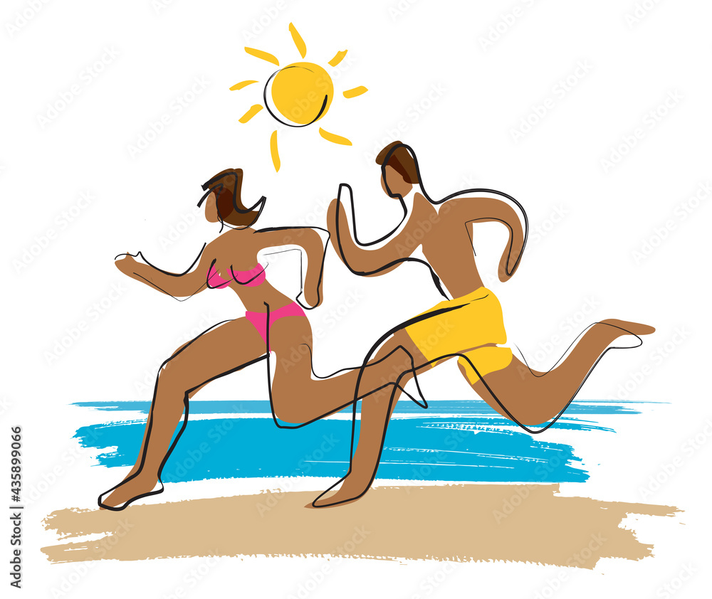 Running couple in swimsuits on the beach. 
Stylized expressive illustration of man and woman running on a beach in summer. Vector available.