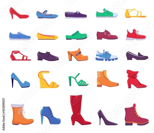 Shoes and boots. Summer and autumn fashion footwear for man or woman. Casual and formal leather shoe, sneakers and pumps, flat vector set