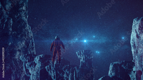 Astronaut auf Felsen mit Aussicht auf Sternenhimmel   Science Fiction   Retro-Scifi Szene   3D Render Illustration