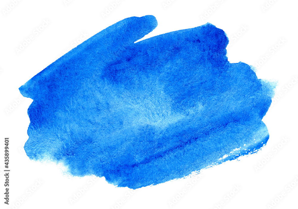 Blue watercolor spot hand drawn on white background. Isolated watercolor background