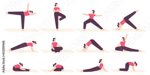 Woman in yoga poses. Female cartoon character do fitness stretch exercises, pilates and relax in asana position. Health lifestyle vector set