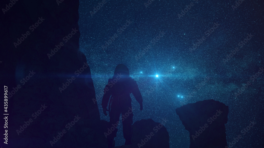Astronaut auf Felsen mit Aussicht auf Sternenhimmel | Science Fiction / Retro-Scifi Szene | 3D Render Illustration