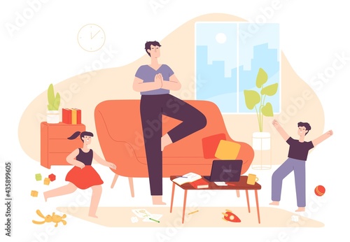 Calm father. Dad meditate in relax yoga pose and naughty kids in messy room. Hyperactive children and patience parent at home vector concept