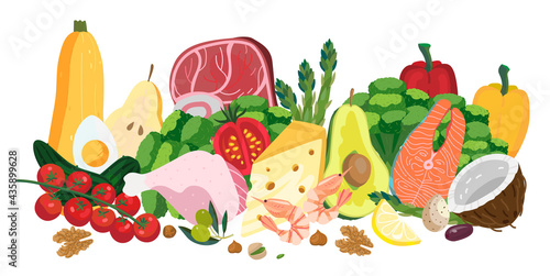 Healthy products food set. Grocery healthy food banner, for dietetics, balanced nutrition, keto diet. Flat cartoon vector. Salmon, meat, coconut, zucchini, egg, tomato, shrimps, broccoli, asparagus