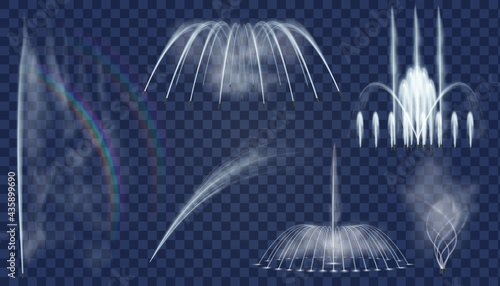 Realistic fountain. 3d decorative water jets and curved sprays cascade for park. Fountains combination, aqua splashes and streams vector set