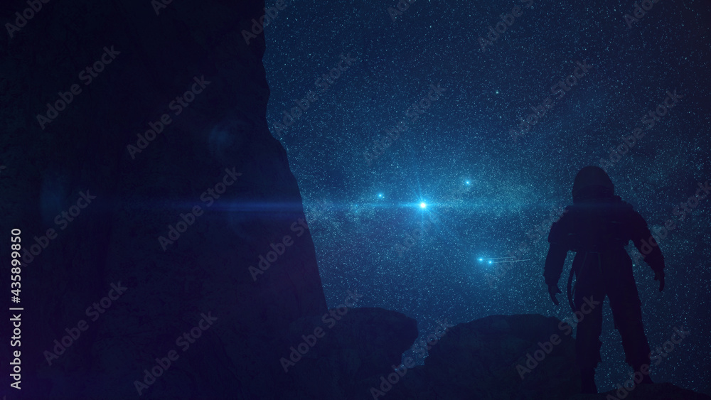 Plakat Astronaut auf Felsen mit Aussicht auf Sternenhimmel | Science Fiction / Retro-Scifi Szene | 3D Render Illustration