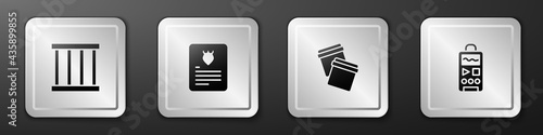 Set Prison window, The arrest warrant, Plastic bag with ziplock and Dictaphone icon. Silver square button. Vector