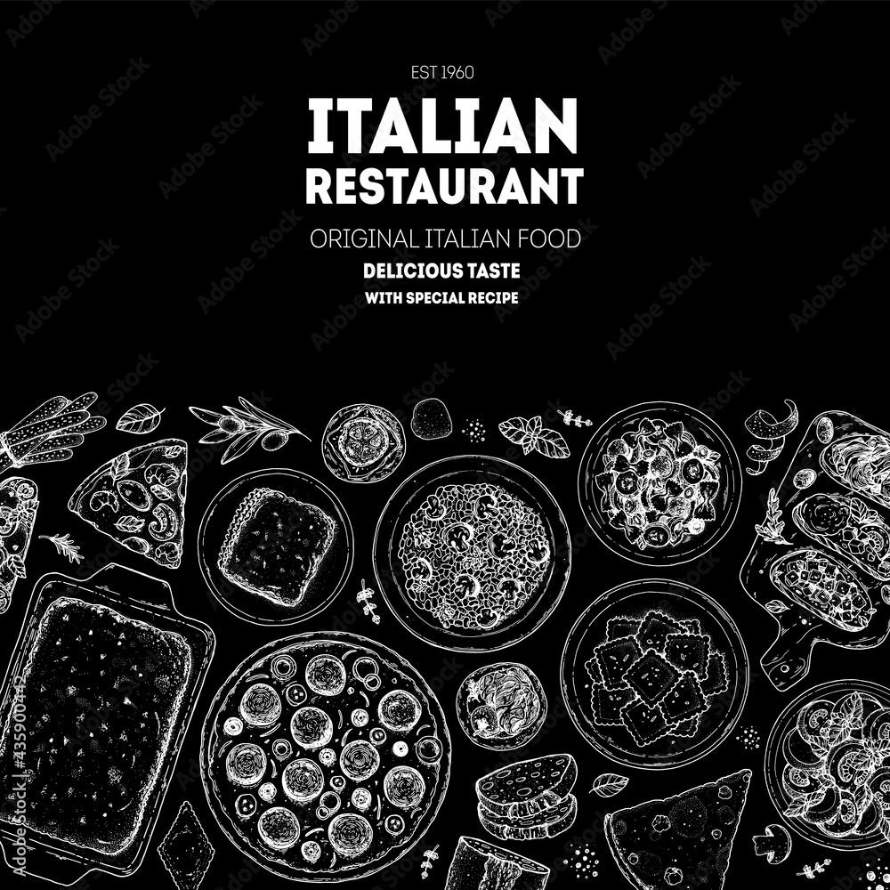 Italian Cuisine Menu. Top view. Sketch illustration. Italian food. Design template. Hand drawn illustration. Black and white. Engraved style. Pasta and pizza, antipasto. Authentic dishes.