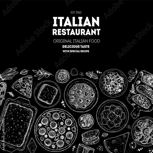 Italian Cuisine Menu. Top view. Sketch illustration. Italian food. Design template. Hand drawn illustration. Black and white. Engraved style. Pasta and pizza, antipasto. Authentic dishes.