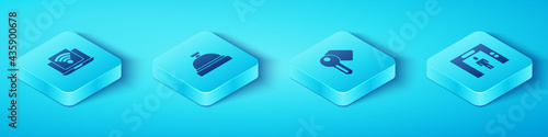 Set Isometric Wireless laptop, Hotel service bell, Lift and door lock key icon. Vector