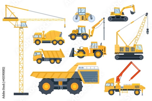 Construction heavy equipment. Crane and building machinery, road roller, excavator, tractor, cement mixer truck and drill machine vector set