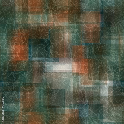 Seamless overlaid geometric shape pattern print. High quality illustration. Transparent rectangles filled with gradient colors scattered. Handmade paper texture overlay.