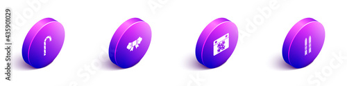 Set Isometric Christmas candy cane, Bow tie, Calendar and Ski sticks icon. Vector