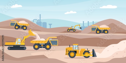 Quarry landscape. Sand pit with heavy mining equipment, bulldozer, digger, trucks, excavator and factory. Open mine industry vector concept photo