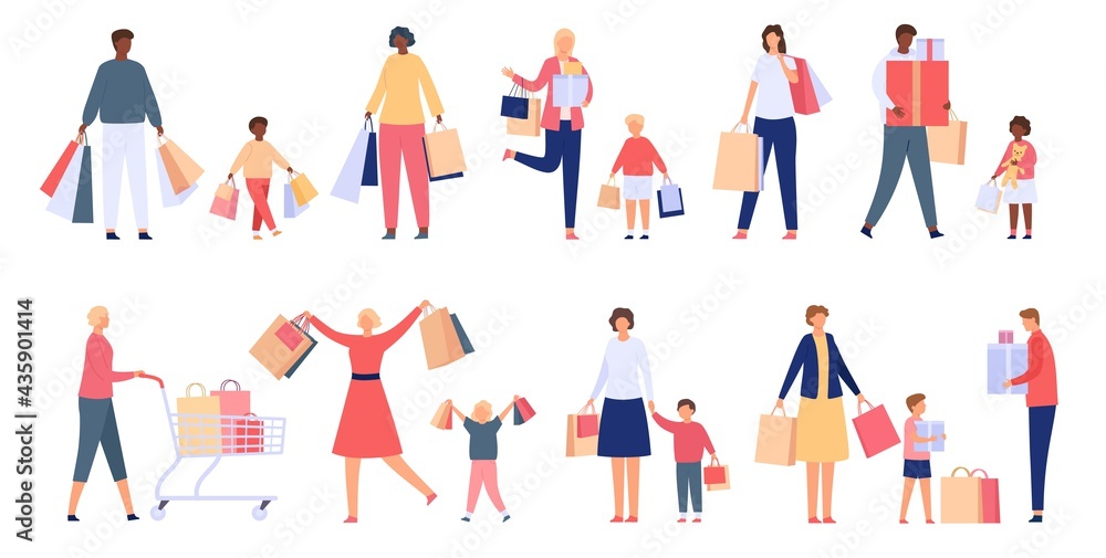 Shopping families. Man, woman and kids with store cart, bags and boxes. Shopper characters on holiday sale. Flat consumers people vector set