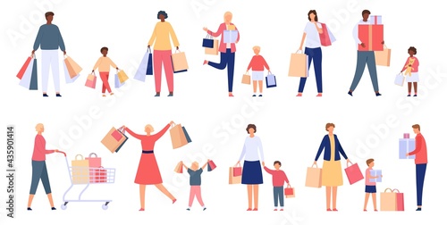 Shopping families. Man, woman and kids with store cart, bags and boxes. Shopper characters on holiday sale. Flat consumers people vector set