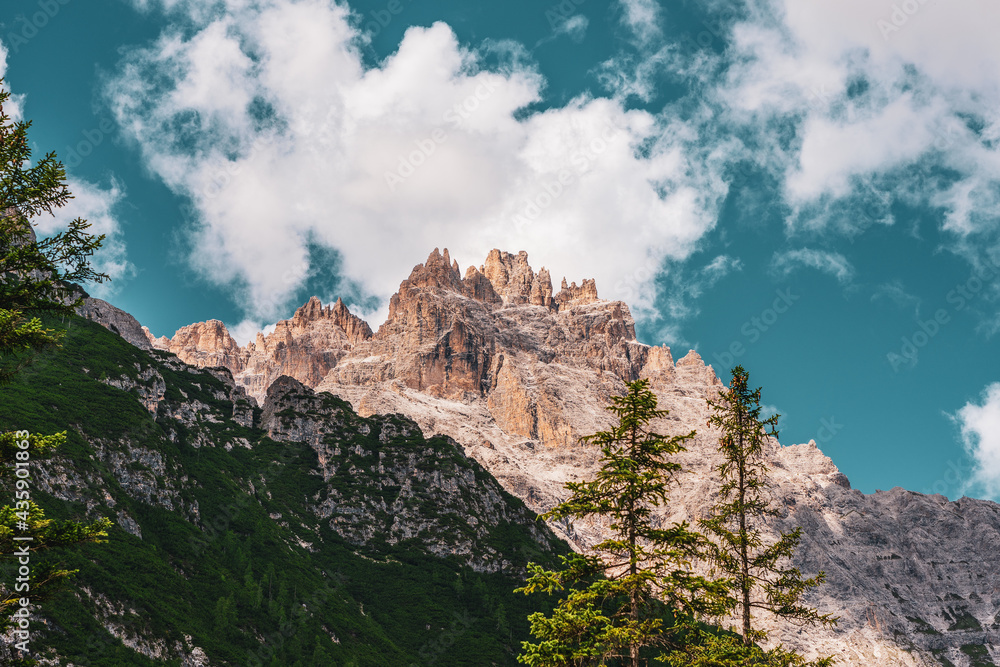 Panoramic view of the Dolomites, Italy. Dreischusterspitze the highest mountain in the Sesto Dolomites in South Tyrol.