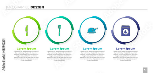 Set Barbecue knife, spatula, Roasted turkey or chicken and coal bag. Business infographic template. Vector