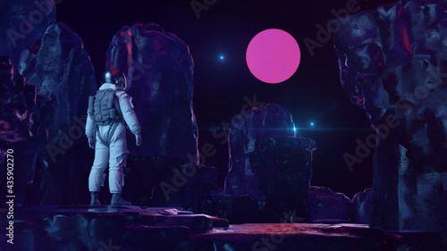 Astronaut In Dark Rocky Landscape Lookingt Into Starry Sky With Neon Glowing Sun | Science Fiction / Retrowave / Synthwave | 3D Render Illustration 8K 
