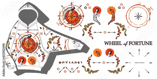 
Clothes for teenagers with elements of Tarot cards. Sweatshirt with Angel, Demon and the Wheel of Fortune. Clothing design.