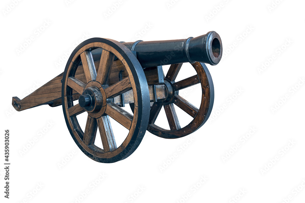 old cannon on wooden wheels isolated on white background