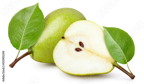 Ripe whole pear fruit with green leaf and half isolated