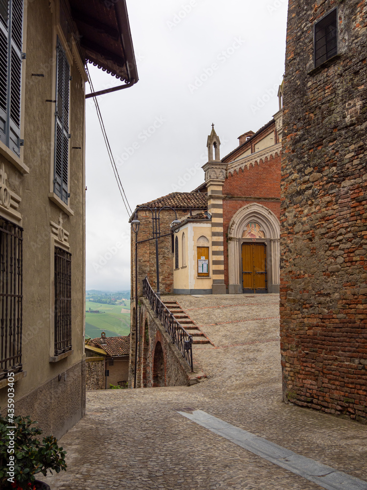 Landscape of the villages and hills of the Langhe during a rainy day