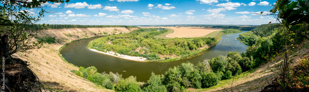 Panoramic view of valley with beautiful river Don, high sand hills and forest, nature summer landscape, Krivoborie in Voronezh Region, Russia