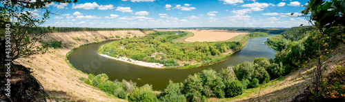 Panoramic view of valley with beautiful river Don, high sand hills and forest, nature summer landscape, Krivoborie in Voronezh Region, Russia