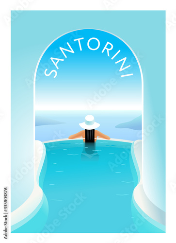 Santorini. Girl's back in the pool in the resort of Santorini. Horizon and the Aegean Sea. Vector illustration