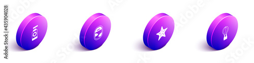 Set Isometric Sunscreen spray bottle, Airplane window, Starfish and Hot air balloon icon. Vector
