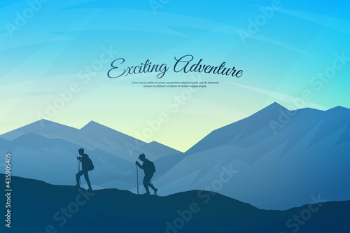 Vector background with tourists. Travel concept of discovering  exploring and observing nature. Hiking. Travelers climb with backpack and travel walking sticks. Website template. Flat blue landscape