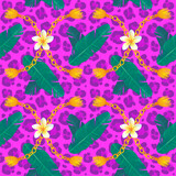 Seamless animal pattern. Leopard hot summer background with banana leaves, plumeria flower, golden chain. African wallpaper, suitable for wrapping, textile, disign.