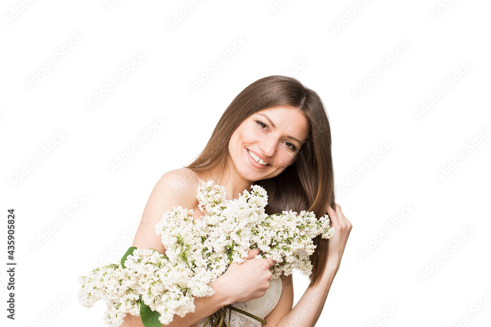 Cute beautiful young woman with white lilac flowers covers her bare shoulders Cute beautiful young woman with white lilac flowers covers her bare shoulders