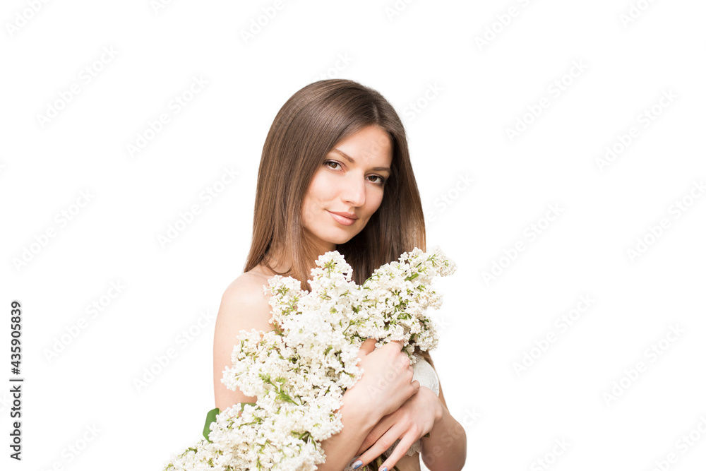 Cute beautiful young woman with white lilac flowers covers her bare shoulders Cute beautiful young woman with white lilac flowers covers her bare shoulders