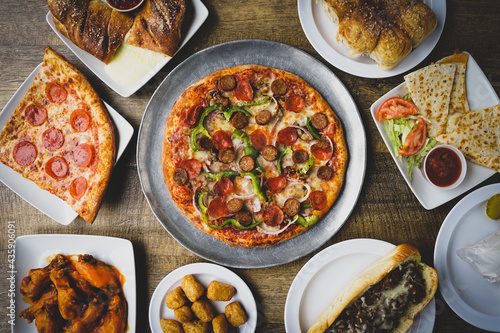 Flat lay food of pizza restaurant