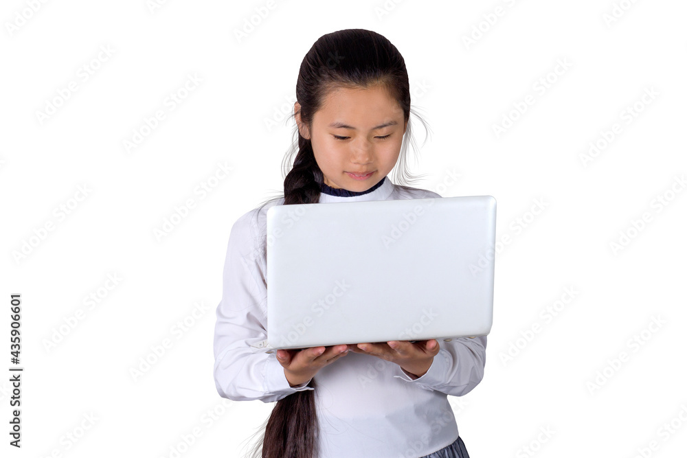 Asian teen girl in school uniform with laptop isolated on white background Asian teen girl in school uniform with laptop isolated on white background