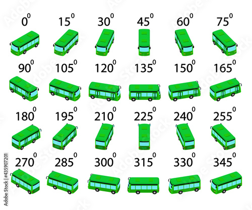 A set of 24 bus from different angles. Animation of the rotation of a green bus by 15 degrees. 