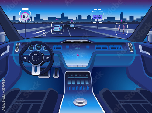Autonomous driverless car interior with digital dashboard, HUD display and intelligent autopilot sensor system. View of a night city and road from futuristic unmanned smart vehicle. Navigation concept photo