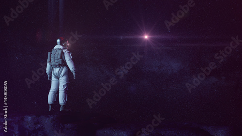 Astronaut In Dark Rocky Landscape Lookingt Into Starry Sky | Science Fiction / Retrowave / Synthwave | 3D Render Illustration 8K 
