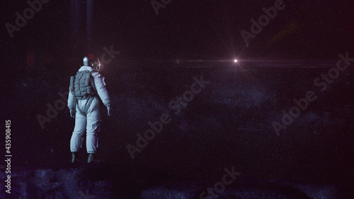 Astronaut In Dark Rocky Landscape Lookingt Into Starry Sky   Science Fiction / Retrowave / Synthwave   3D Render Illustration 8K  © Jacqueline Weber