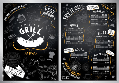 Grill, barbecue menu template - A4 card (burgers, grill, sides, soups, drinks)