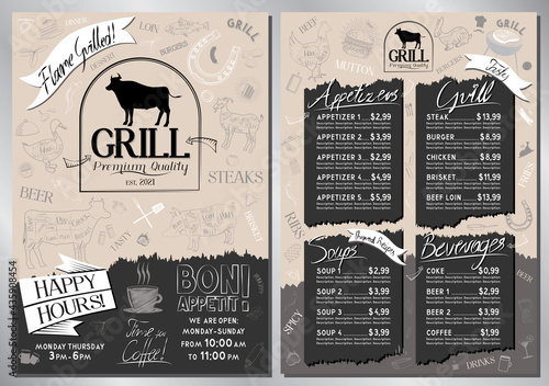 Steakhouse, grill menu template - A4 card (appetizers, grill, soups, drinks)